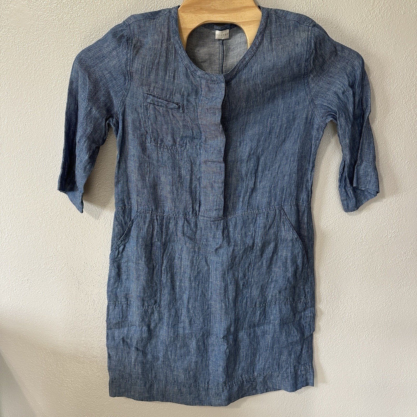 Poetry Dress Sz 10 Blue Linen Relaxed Boho Peasant Pockets 1/2 Button 3/4 Sleeve